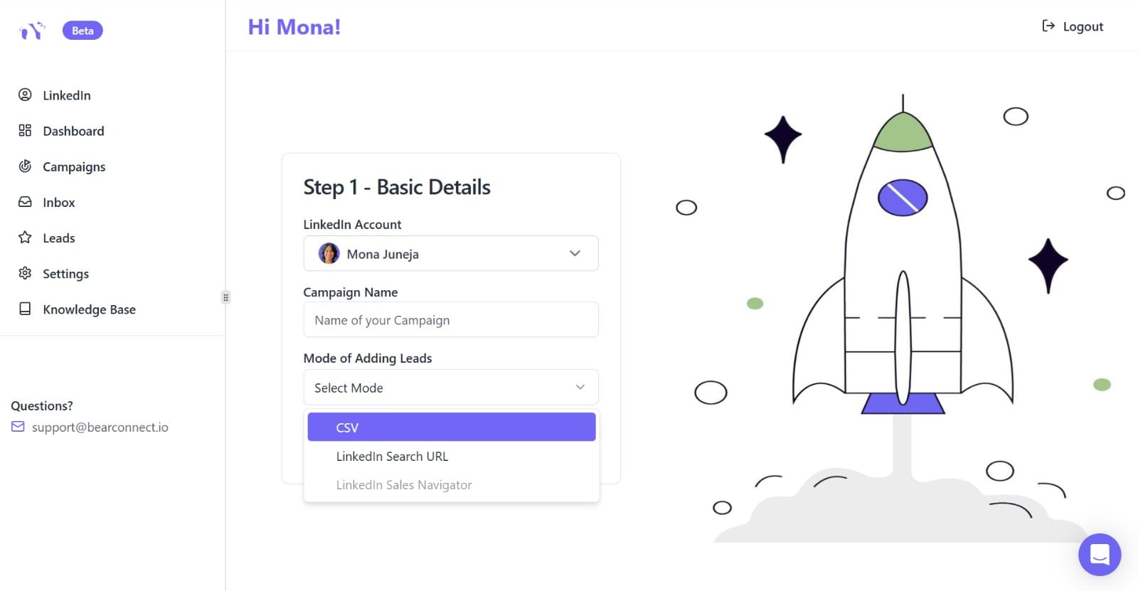 Bearconnect Linkedin Automation tool Campaign Setup Dashboard