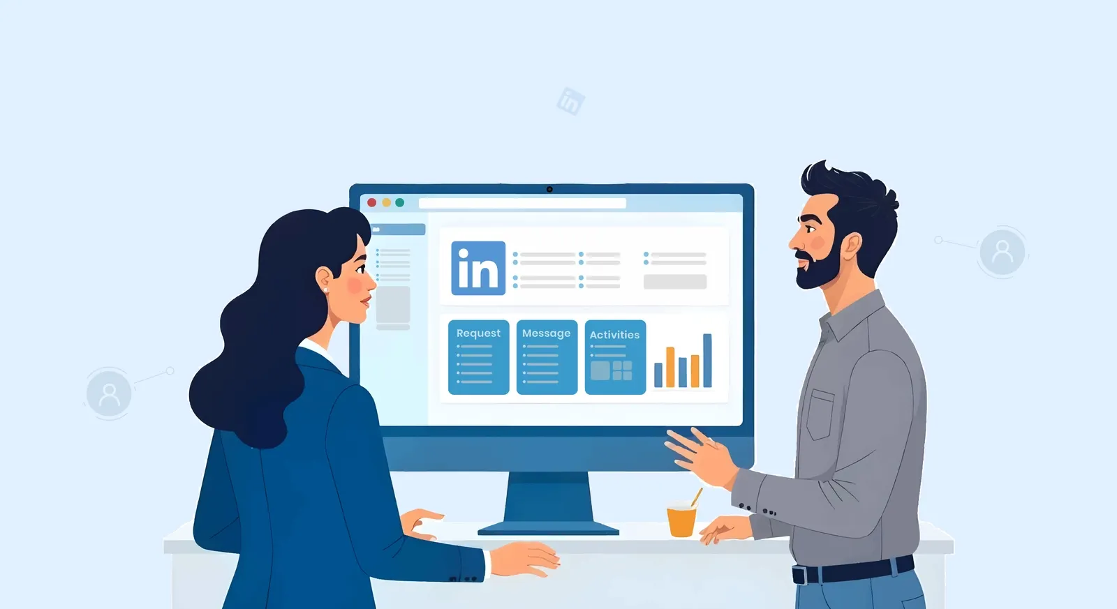 Two professionals discussing LinkedIn outreach on a computer.