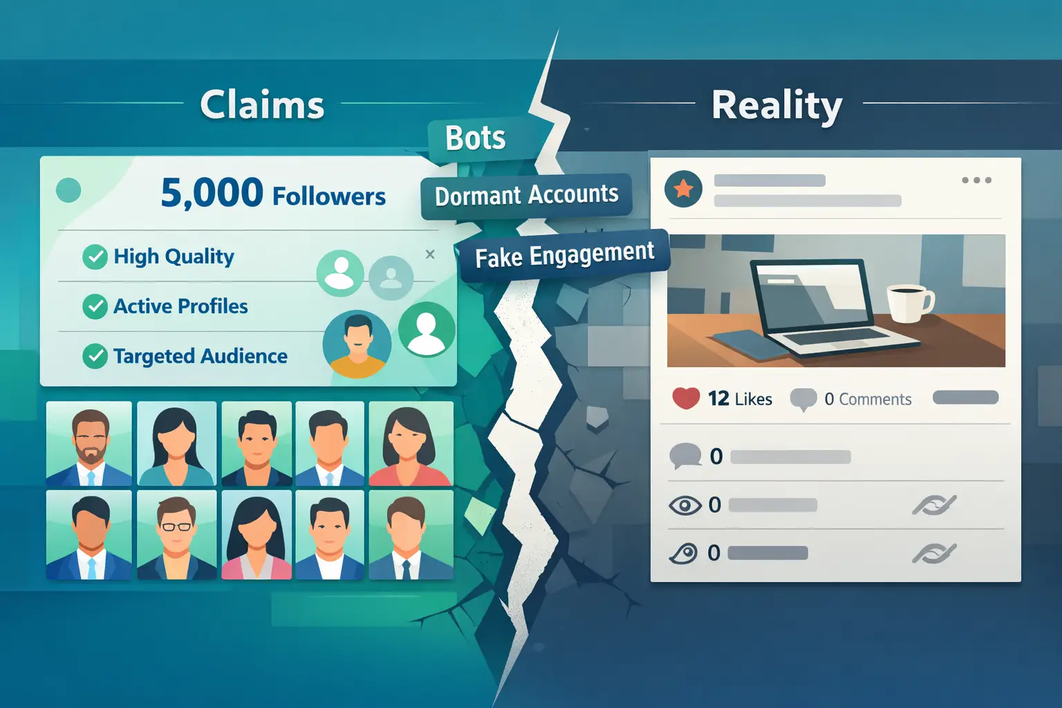 Illustration comparing claims of buying real LinkedIn followers with reality, showing fake followers, dormant accounts, and low engagement despite high follower count.