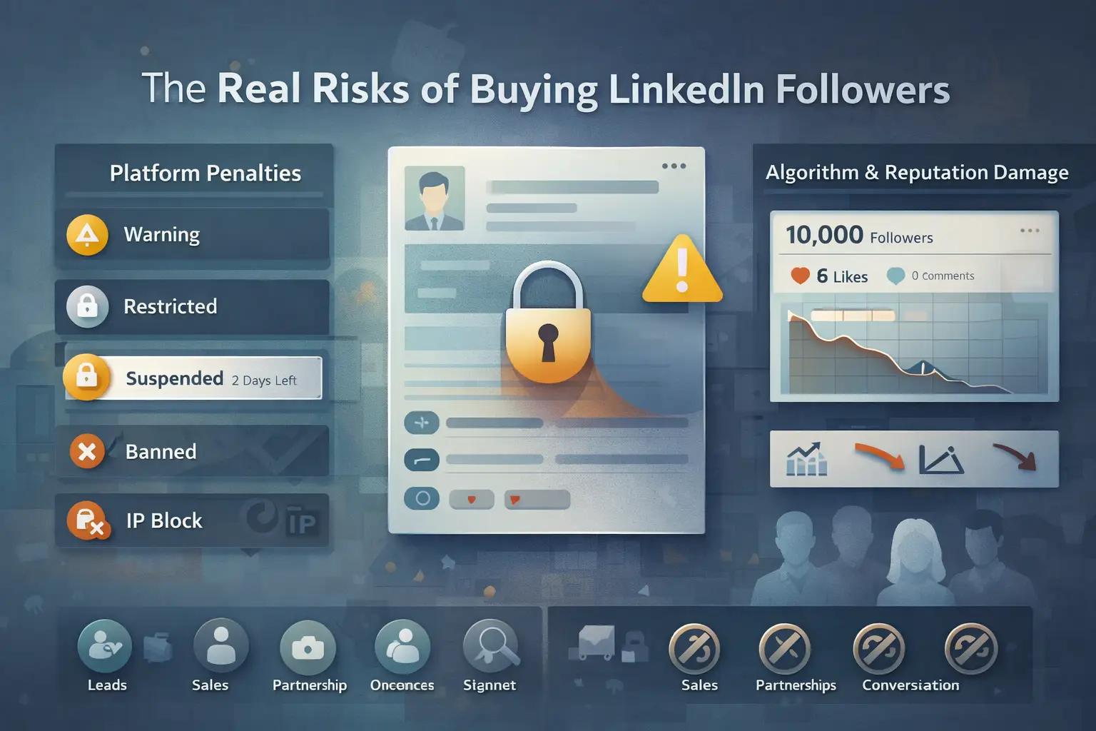 Visual showing risks of buying LinkedIn followers, including account suspension, algorithm penalties, low engagement, and zero business results.