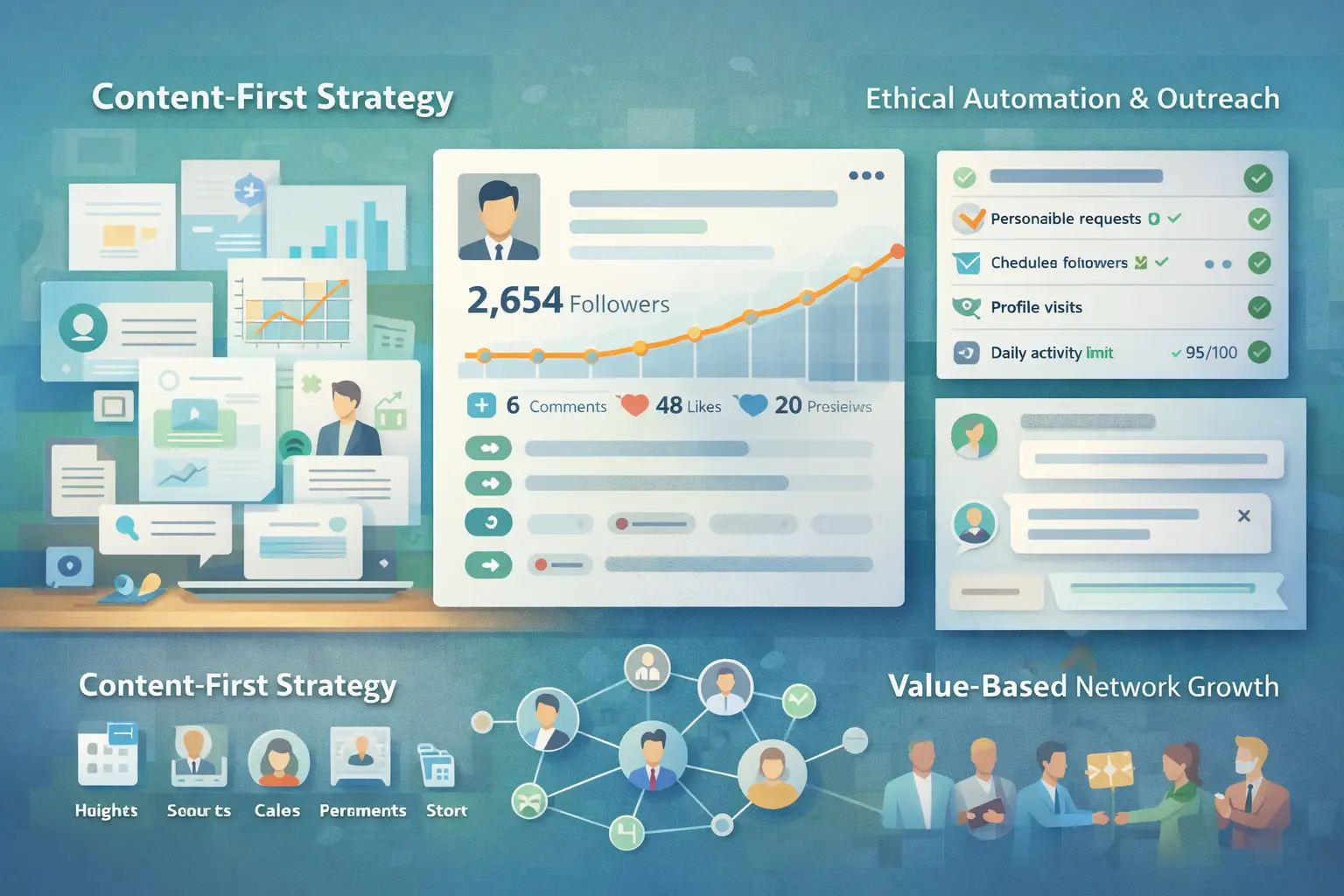 Illustration of authentic LinkedIn growth strategy using content-first posting, ethical automation, real engagement, and value-based network building.