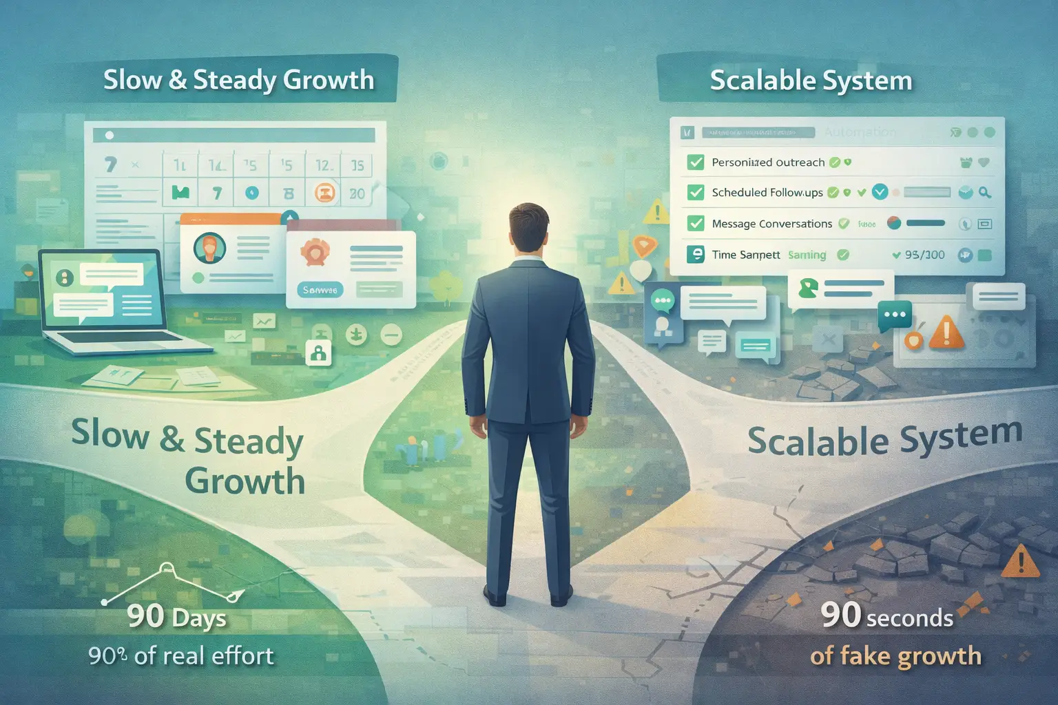 Decision illustration showing slow organic LinkedIn growth and ethical automation versus fake followers that lead to account risk and poor engagement.