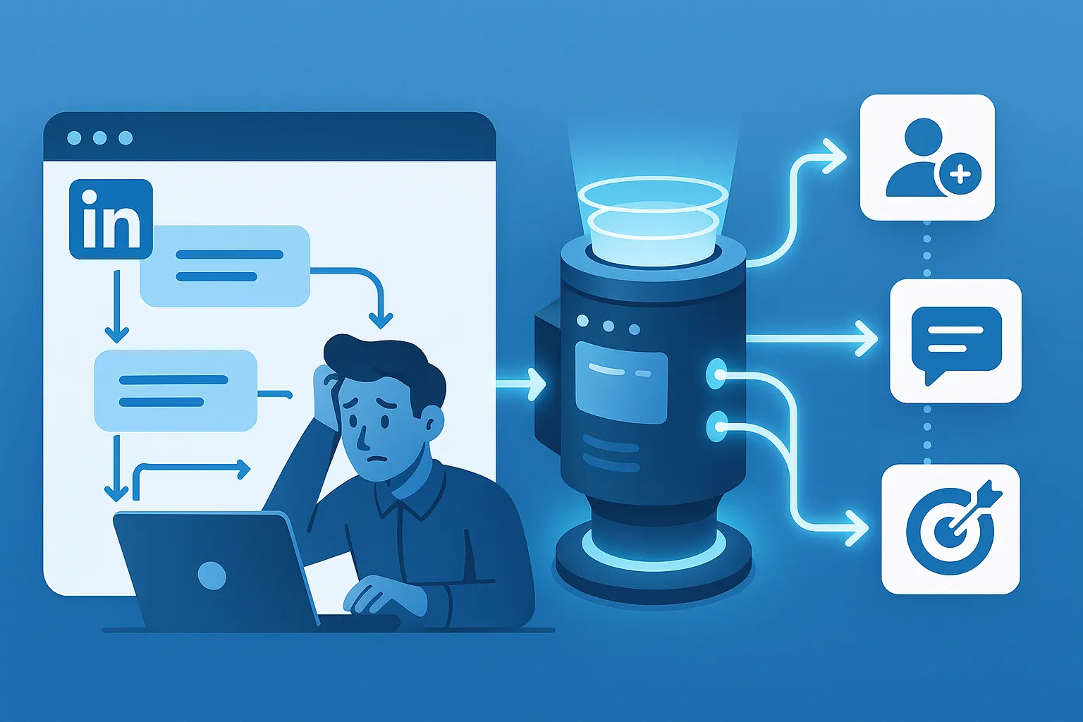 Illustration of LinkedIn outreach automation showing stressed user, workflow dashboard, and automated system sending connection requests and messages.