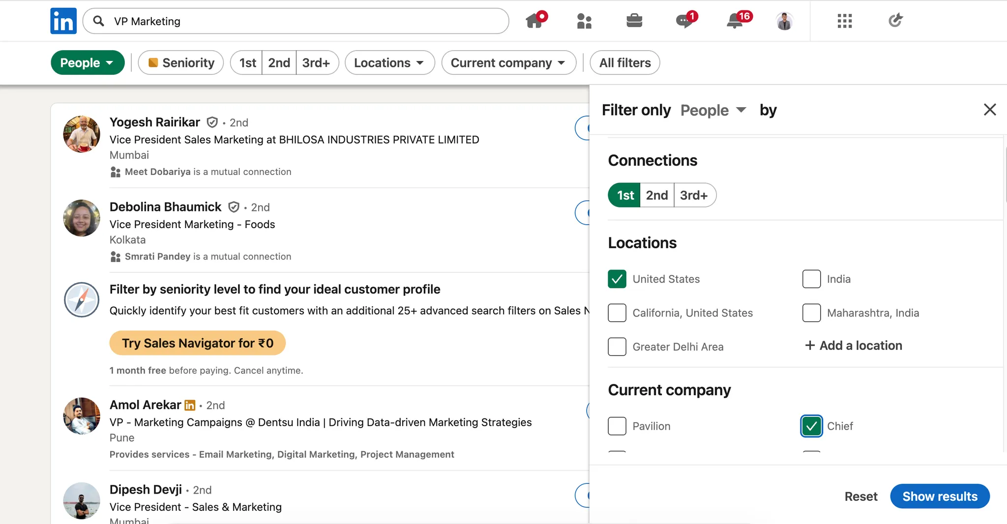 LinkedIn search results for VP Marketing with filters applied for connections, locations, and current company.